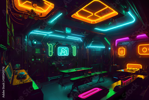technological computer room with neon light. Generative AI.