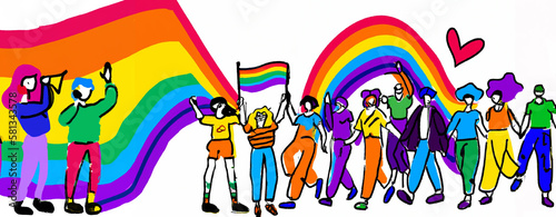 Pride parade. A group of people participating in a Pride parade. LGBT community. LGBTQ. Doodle vector illustration