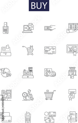 Buy line vector icons and signs. Acquire, Procure, Obtain, Order, Shop, Invest, Pay, Splurge outline vector illustration set