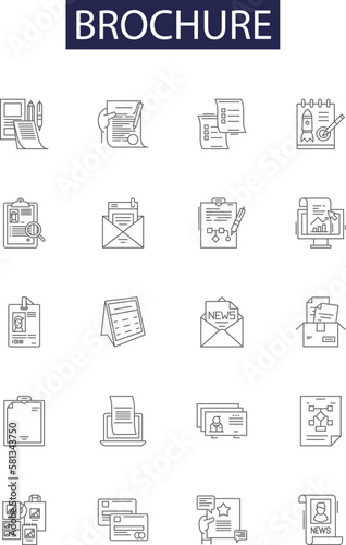 Brochure line vector icons and signs. Leaflet, Pamphlet, Magazine, Guide, Catalog, Handbook, Digest, Circular outline vector illustration set