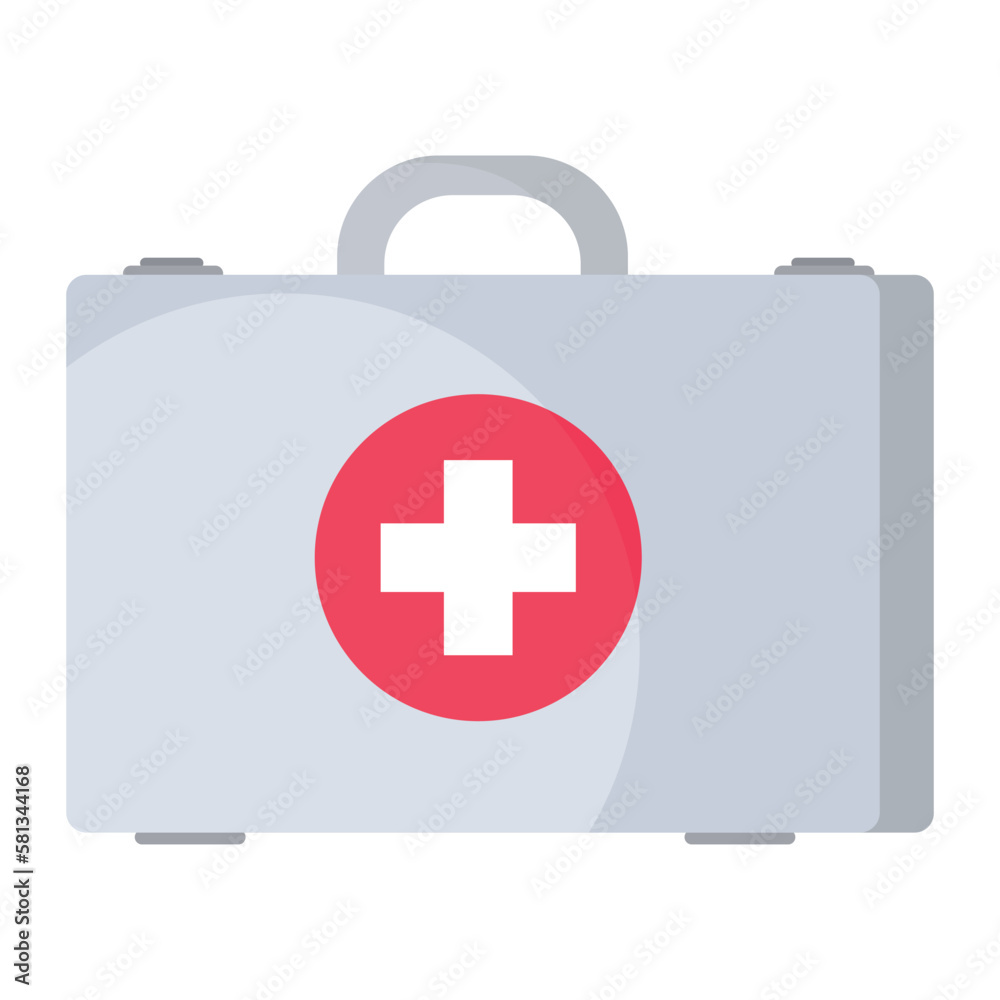 Obraz premium Vector cartoon image of a first aid kit. The concept of healthcare, treatment and recovery. Hospital elements for your design.