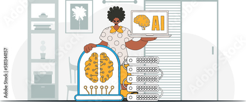 ﻿Man stylishly holds a vector AI brain illustration.