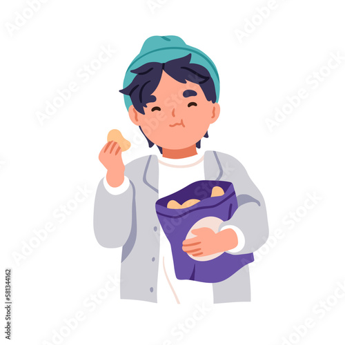 Kid eating potato chips from bag in hand. Cute child with fast junk food. Happy boy, little young character enjoying unhealthy crispy snack. Flat vector illustration isolated on white background