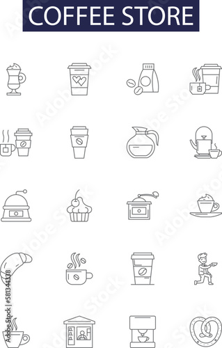 Coffee store line vector icons and signs. Store, Cafe, Roast, Barista, Espresso, Latte, Mocha, Brew outline vector illustration set