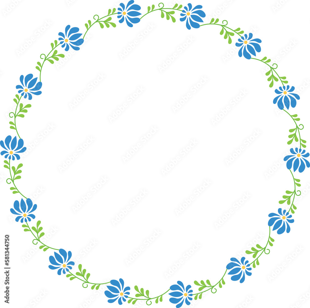 Vector hand drawn wreath. Round floral frame of branches with blue flowers.