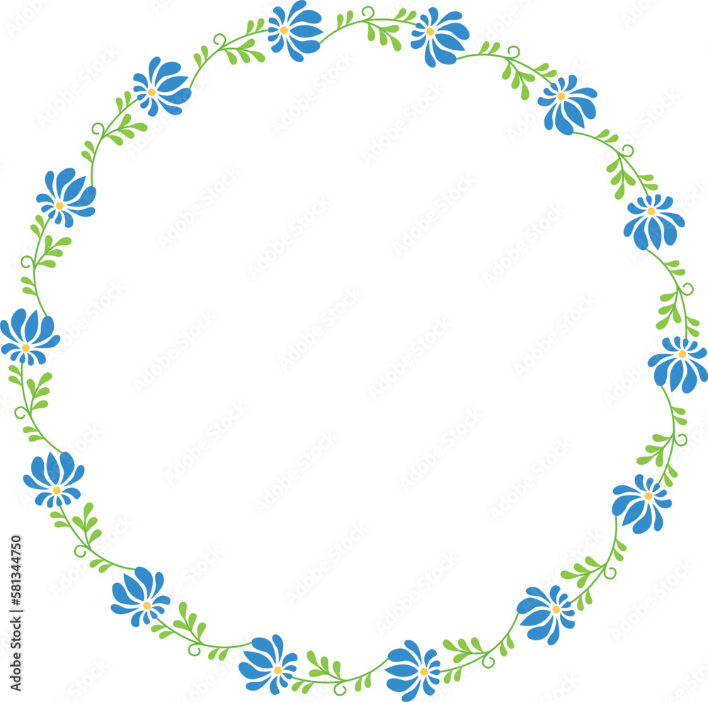 Vector hand drawn wreath. Round floral frame of branches with blue flowers. Vector hand drawn wreath. Round floral frame of branches with blue flowers.