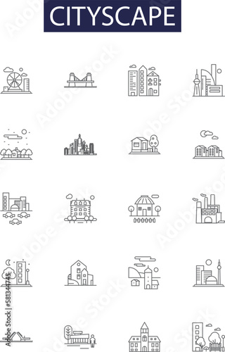 Cityscape line vector icons and signs. Skyline, Landmark, Facade, Architecture, View, Vibe, Metropolis, Setting outline vector illustration set