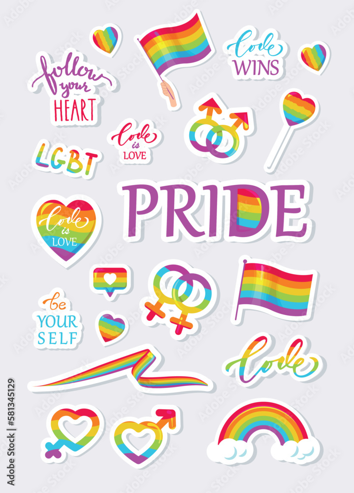 Lgbt related stickers flag, rainbow, heart, gender signs. Vector illustration.