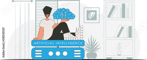 ﻿A man displaying an AI-powered brain in a fashionable style, depicted in vector form. photo