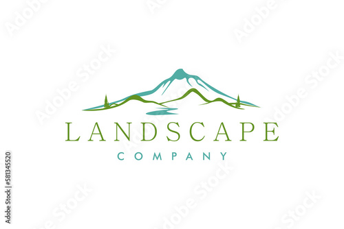 Minimalist Landscape Hills, Mountain Peaks River Creek Simple logo design Vector