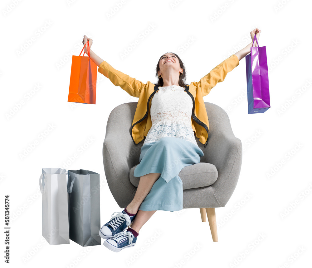 Cheerful shopaholic woman with shopping bags - obrazy, fototapety, plakaty 