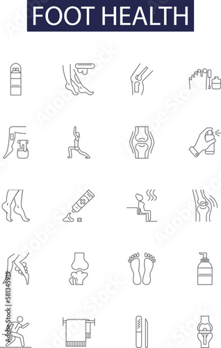 Foot health line vector icons and signs. Footwear, Stimulation, Exercise, Posture, Pedicure, Nails, Tibia, Ankles outline vector illustration set