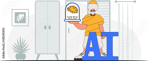 ﻿He wears AI with style: a man holding a brain-shaped gadget, vector illustration.