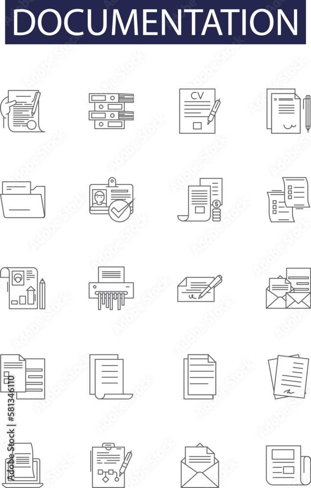 Documentation line vector icons and signs. Papers, Reports, Manuals, Instructions, Evidence, Logs, Guides, Histories outline vector illustration set