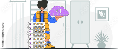 ﻿Man with AI brain, stylishly portrayed in vector illustration.