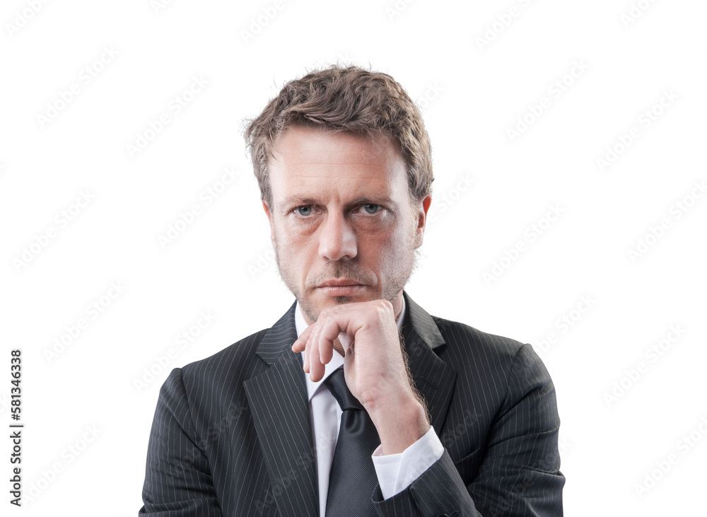 Confident business executive thinking with hand on chin Confident business executive thinking with hand on chin