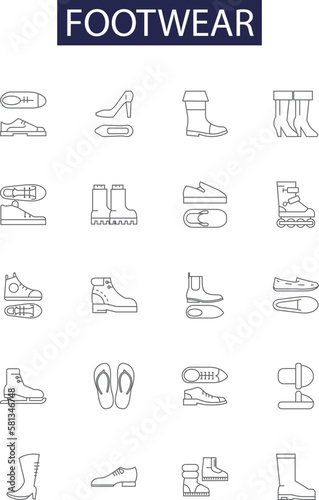 Footwear line vector icons and signs. Sneakers, Sandals, Clogs, Loafers, Flip-flops, Slippers, Boots, Oxfords outline vector illustration set