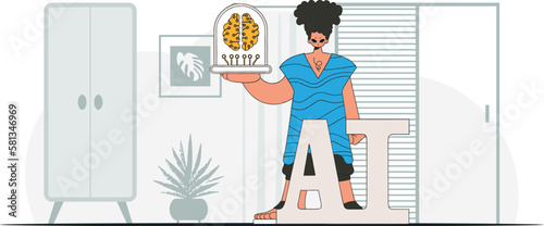 ﻿Man wearing AI brain, stylish look. Vector art.