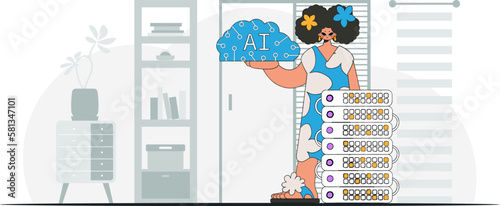 ﻿Girl with A.I. brain in trendy style, vector art.