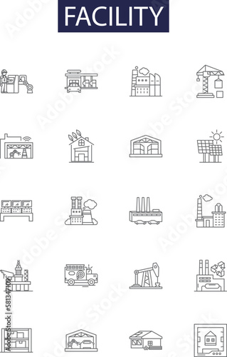 Facility line vector icons and signs. Building, Site, Complex, Place, Area, Room, Locale, Hall outline vector illustration set