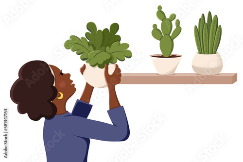 Beautiful African American woman takes care of houseplants, decorates home. Potted plants on the shelf. Cactus, Sansevieria. Home decor and gardening concept. Isolated vector illustration