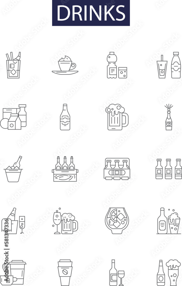 Drinks line vector icons and signs. Alcohol, Cocktail, Soda, Smoothie, Juice, Tea, Coffee, Gatorade outline vector illustration set
