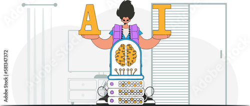 ﻿Illustration of man stylishly holding AI-driven brain.