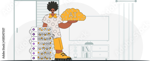 ﻿Man displaying AI brain, stylishly drawn, vector art.