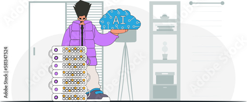 ﻿Person holds AI brain, modern look, vector image.