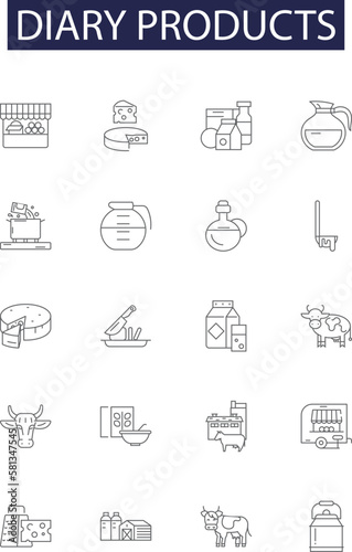 Diary products line vector icons and signs. Diary, Notebook, Planner, Logbook, Agenda, Calendar, Stickers, Pen outline vector illustration set