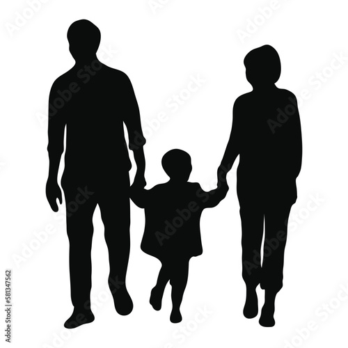 Black silhouettes of family going for walk vector illustration isolated.