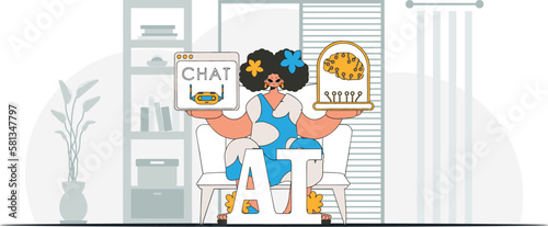 ﻿Girl wearing AI-inspired brain themed apparel, modern-look vector pic.