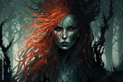 portrait of a red-haired witch girl in forest. Generative AI illustration
