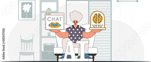 Man holding futuristic AI brain, stylishly depicted, vector art.