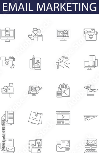 Email marketing line vector icons and signs. Marketing, Campaign, Automation, Blast, Targeting, Services, Tactics, Content outline vector illustration set