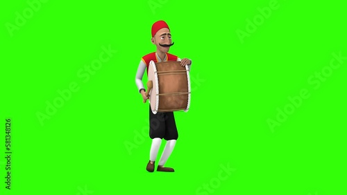 Ramadan drummer with drum playing animation isolated green screen 3d render