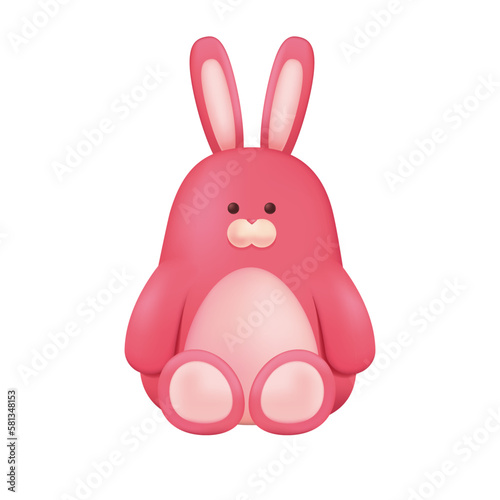 Cute pink bunny or rabbit toy for children 3D illustration. Cartoon drawing of adorable wild animal with long ears in 3D style on white background. Nature, wildlife, childhood concept