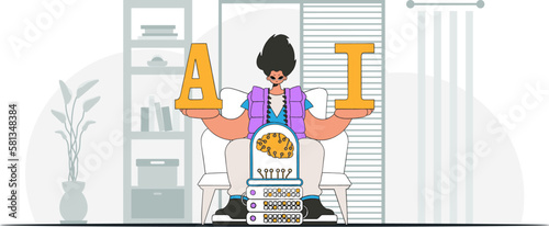 ﻿A trendy vector illustration of a man holding an AI brain.