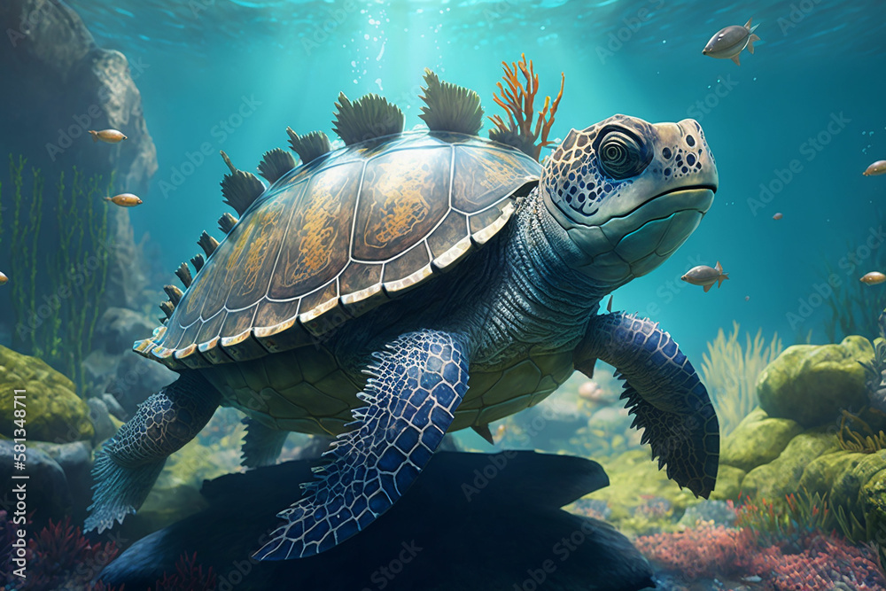 An adorable armored turtle swimming underwater with Generative AI technology