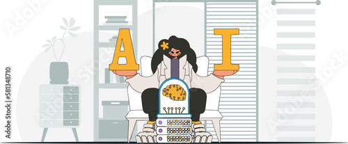 ﻿Girl with stylish attire holding AI-infused brain, vector art.