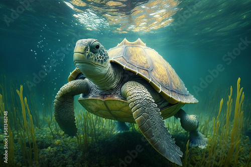 An adorable armored turtle swimming underwater with Generative AI technology
