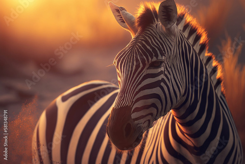 At sunset, a zebra's was captured in a macro shot with Generative AI technology © LaxmiOwl