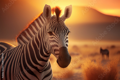 At sunset, a zebra's was captured in a macro shot with Generative AI technology