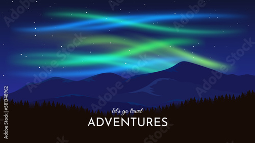 Aurora landscape. Silhouettes of mountains in the foreground. Night starry sky with bright aurora borealis. Vector illustration. Banner, wallpaper, postcard design.
