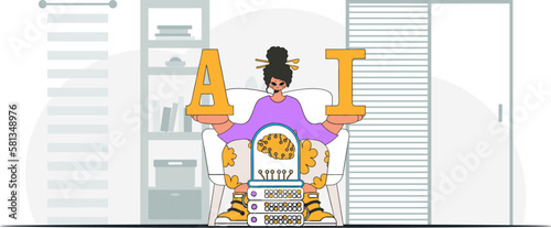 ﻿Girl sports trendy style, brandishing AI-powered brain, vector art.