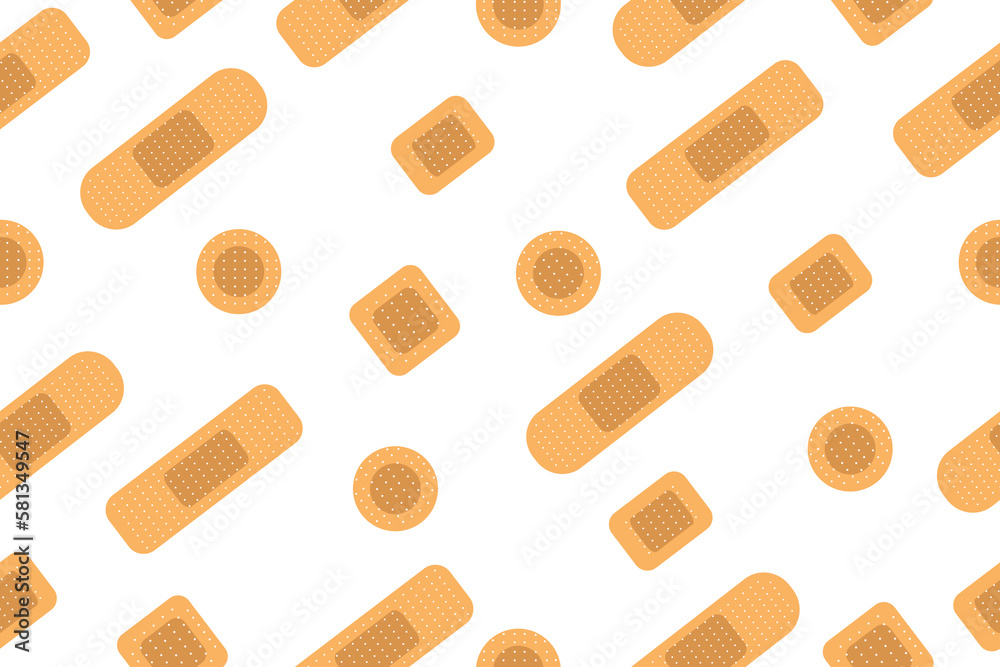 Seamless pattern with realistic medical plaster of various shapes. Repeatable background with different elastic band aids. First aid bandages. Flat vector cartoon illustration Seamless pattern with realistic medical plaster of various shapes. Repeatable background with different elastic band aids. First aid bandages. Flat vector cartoon illustration