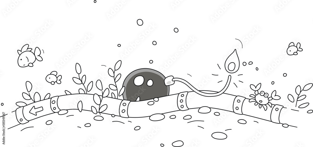 Fototapeta premium Underwater pipeline and a delayed-action bomb with a burning fuse on the bottom of a sea, black and white outline vector cartoon illustration