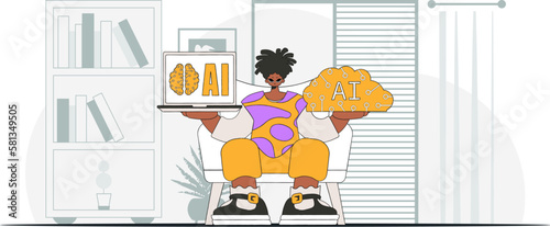 ﻿He stylishly holds an AI brain; illustrated in vector art.