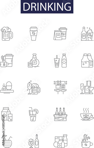 Drinking line vector icons and signs. Gulp, Quaff, Sip, Draught, Gulping, Swig, Swill, Liquor outline vector illustration set