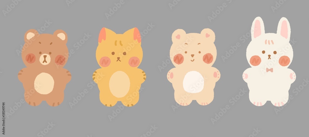 Animal character design. Bear Rabbit and Cat on gray background. Animal character design. Bear Rabbit and Cat on gray background.